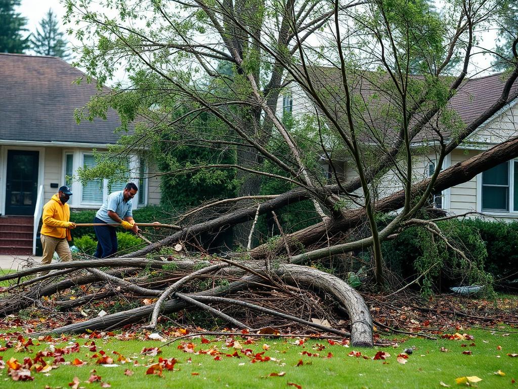Storm damage cleanup with fallen tree